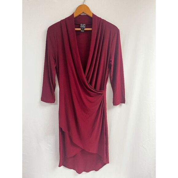 Clara Sun Woo Red Crossover Tulip Hem Faux Wrap Dress Size Small - Picture 1 of 8